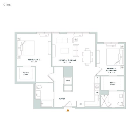 Floor plan for 2 beds, 2 baths, 1203 sqft