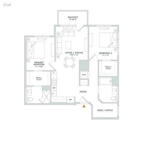 Floor plan for 2 beds, 2 baths, 1123 sqft