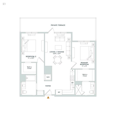 Floor plan for 2 beds, 2 baths, 1062 sqft