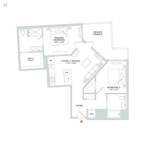 Floor plan for 2 beds, 2 baths, 964 sqft