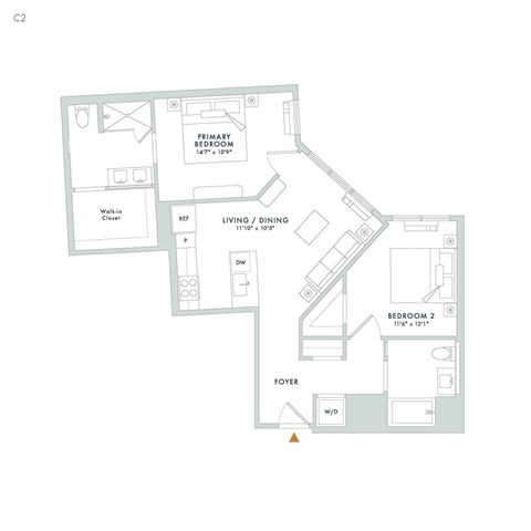 Floor plan for 2 beds, 2 baths, 964 sqft