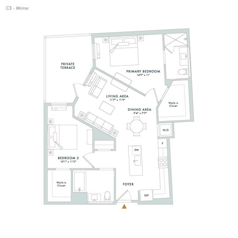 Floor plan for 2 beds, 2 baths, 1046 sqft