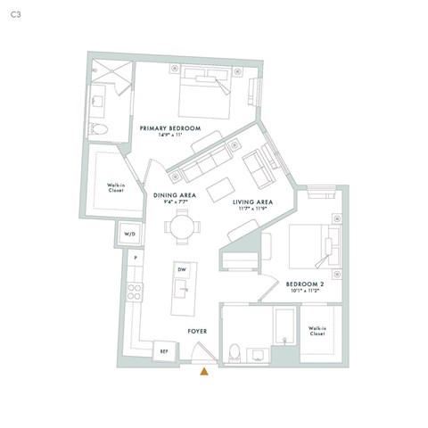 Floor plan for 2 beds, 2 baths, 1046 sqft