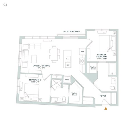 Floor plan for 2 beds, 2 baths, 1074 sqft