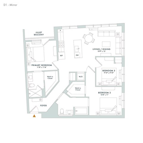Floor plan for 3 beds, 2 baths, 1200 sqft