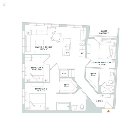 Floor plan for 3 beds, 2 baths, 1200 sqft