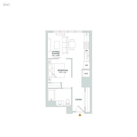 Floor plan for studio, 1 bath, 584 sqft