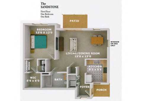 Floor plan for 1 bed, 1 bath, 747 sqft