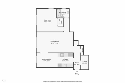 Floor plan for 1 bed, 1 bath