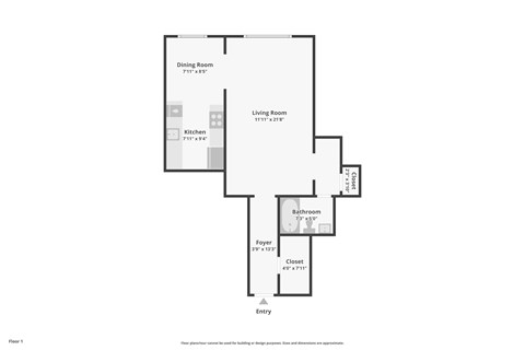 Floor plan for studio, 1 bath