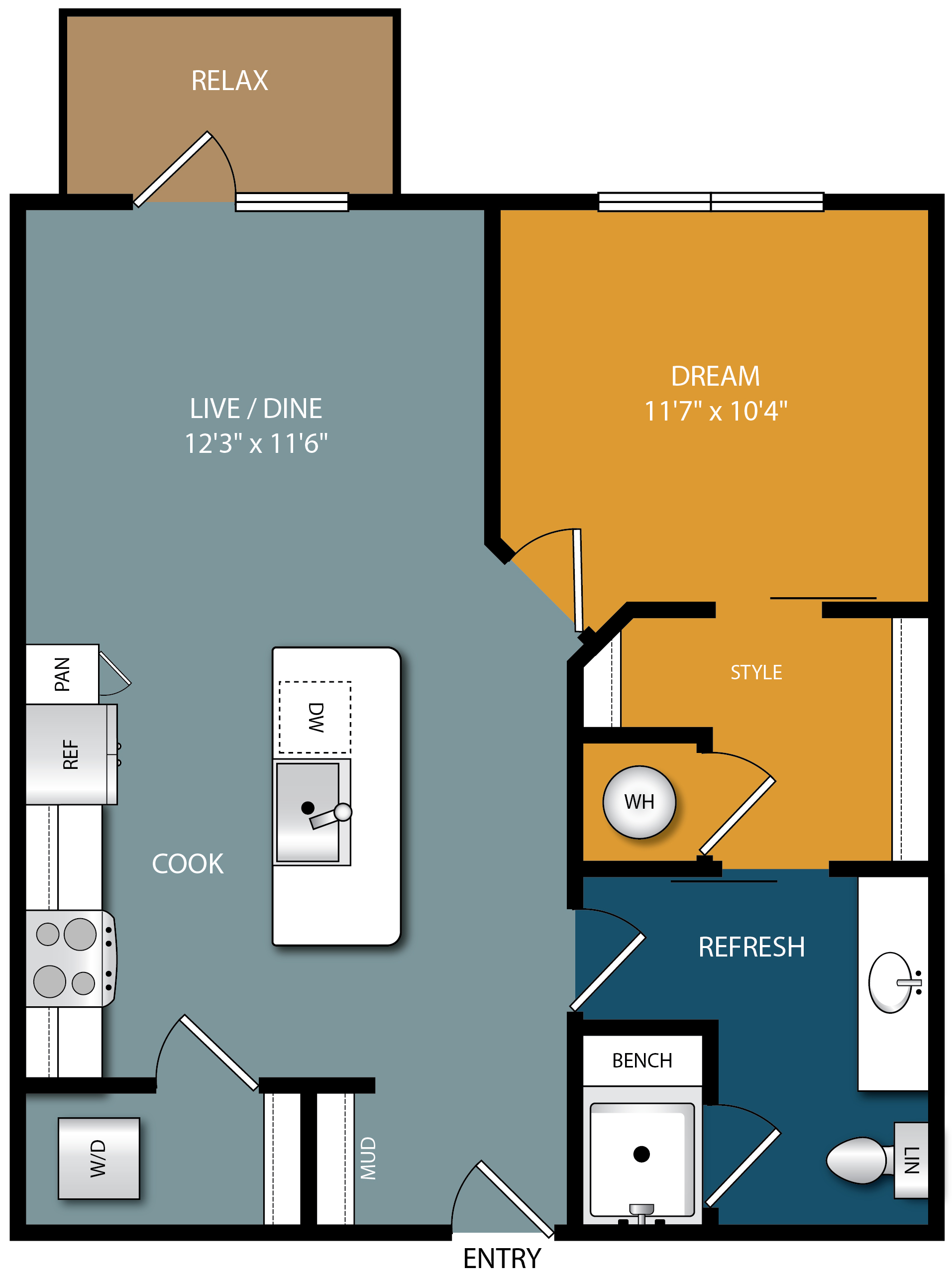 Floor plan for 1 bed, 1 bath, 712 sqft