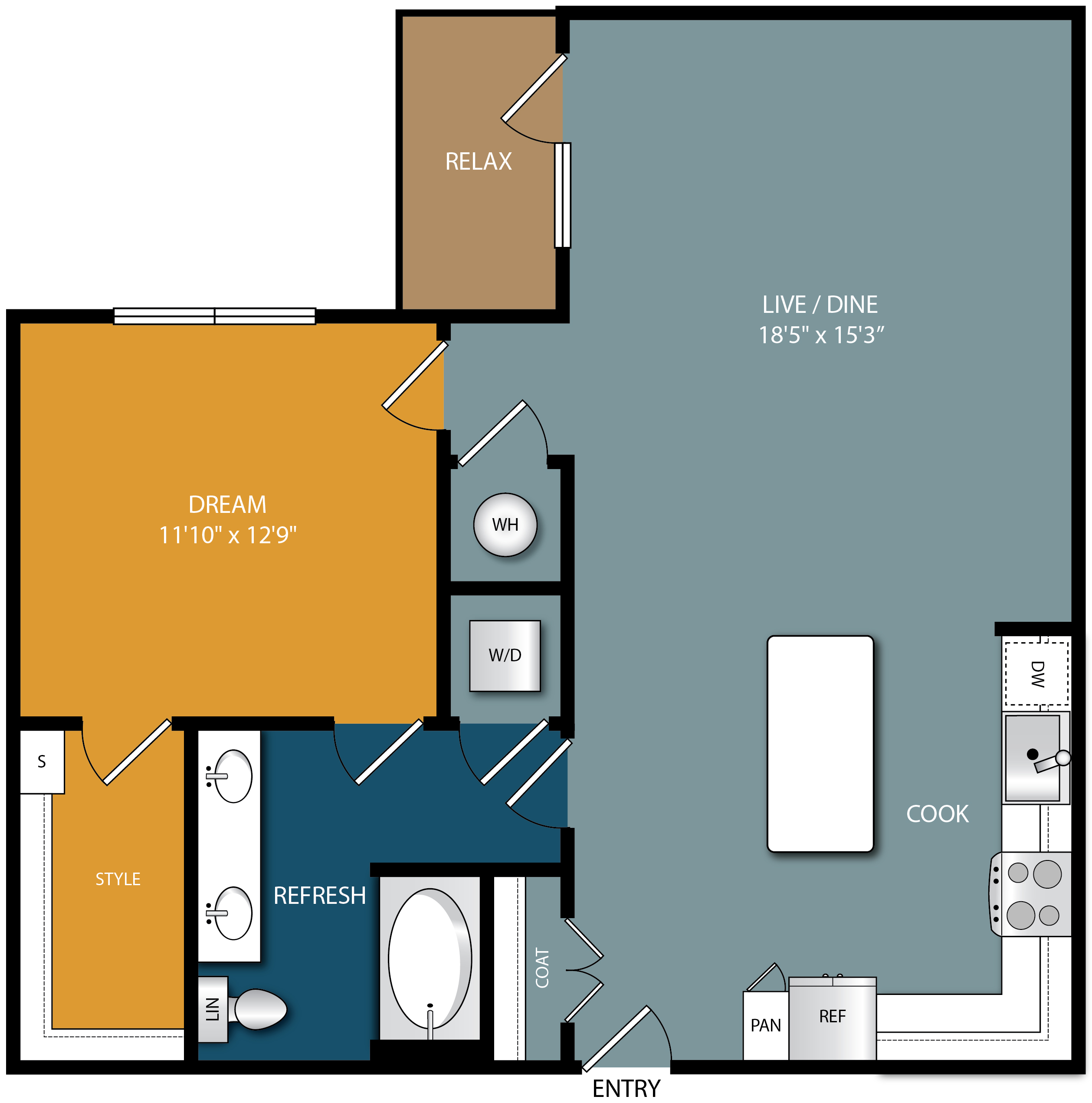 Floor plan for 1 bed, 1 bath, 935 sqft