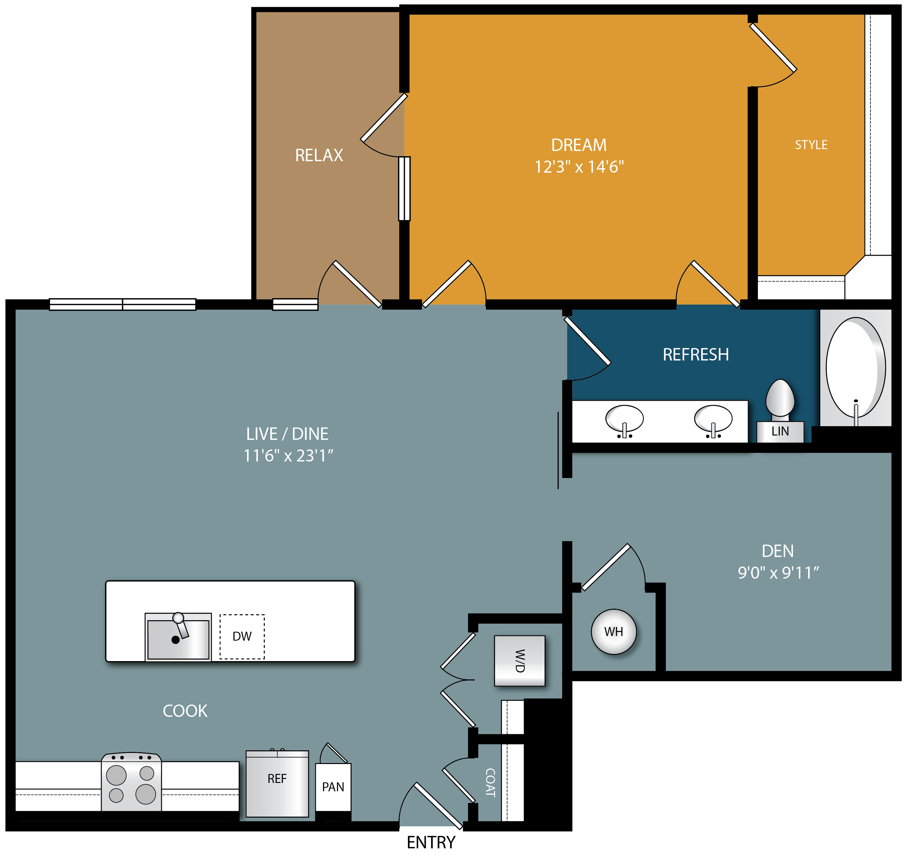 Floor plan for 1 bed, 1 bath, 1058 sqft