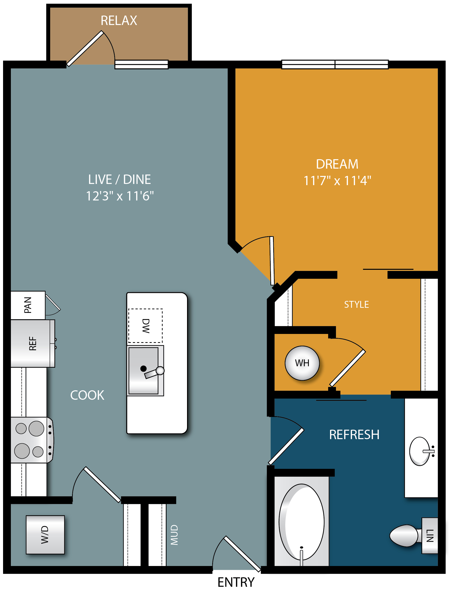 Floor plan for 1 bed, 1 bath, 725 sqft