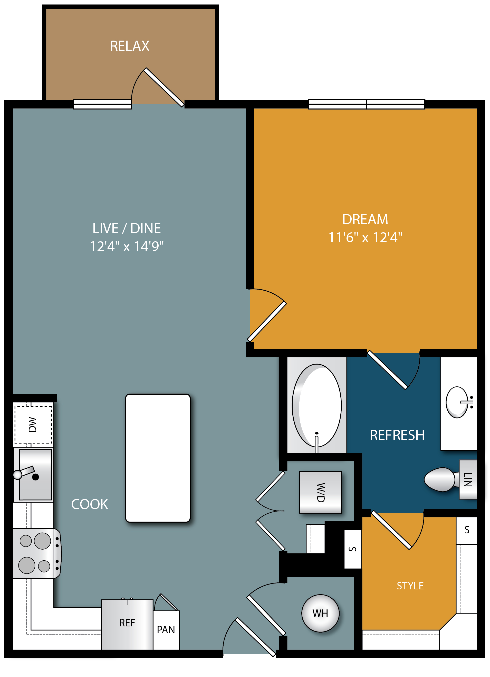 Floor plan for 1 bed, 1 bath, 725 sqft