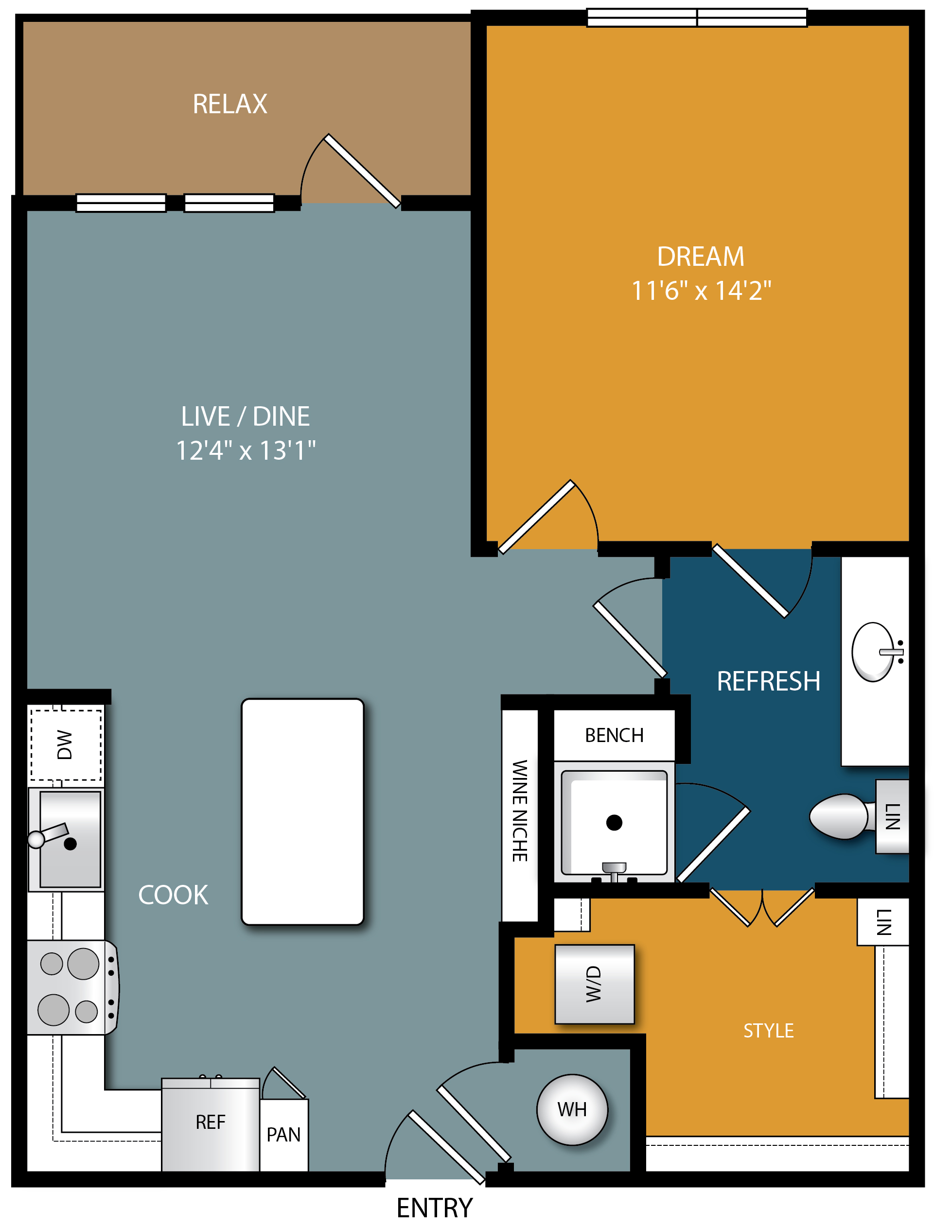Floor plan for 1 bed, 1 bath, 745 sqft