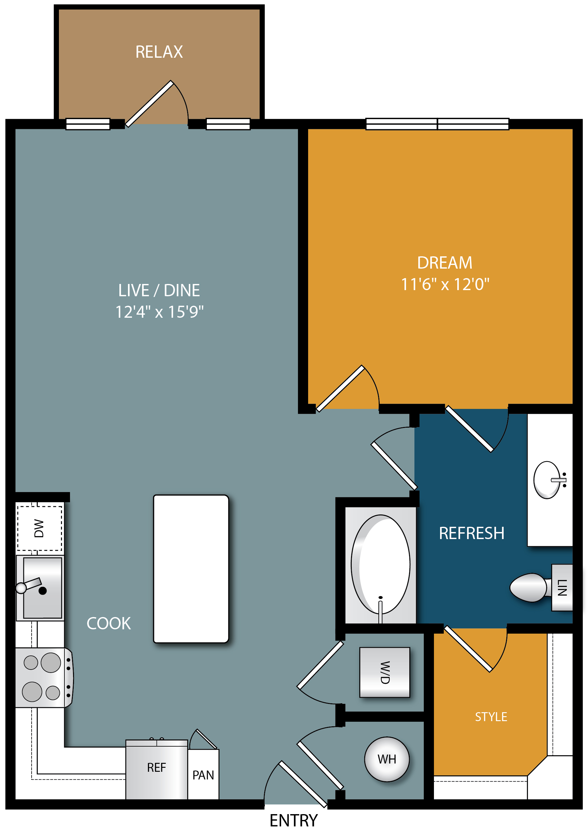 Floor plan for 1 bed, 1 bath, 750 sqft