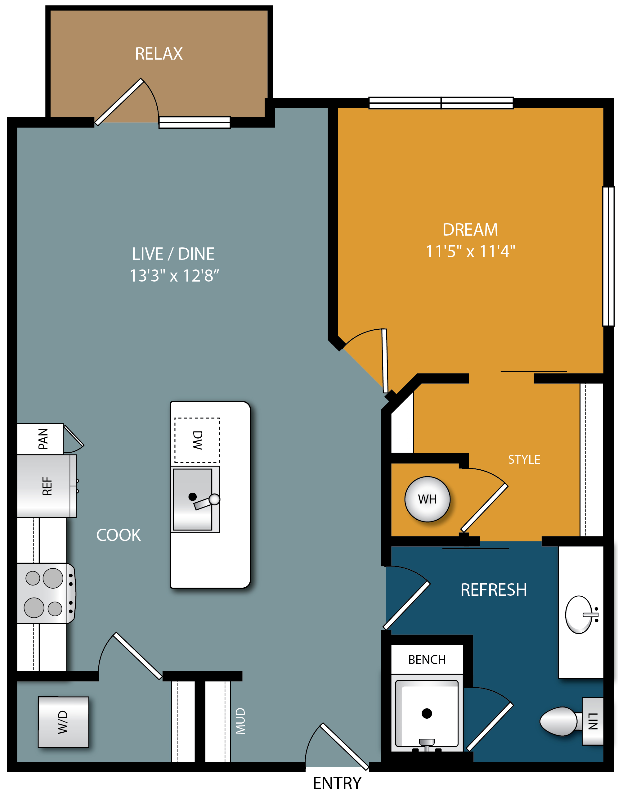 Floor plan for 1 bed, 1 bath, 745 sqft
