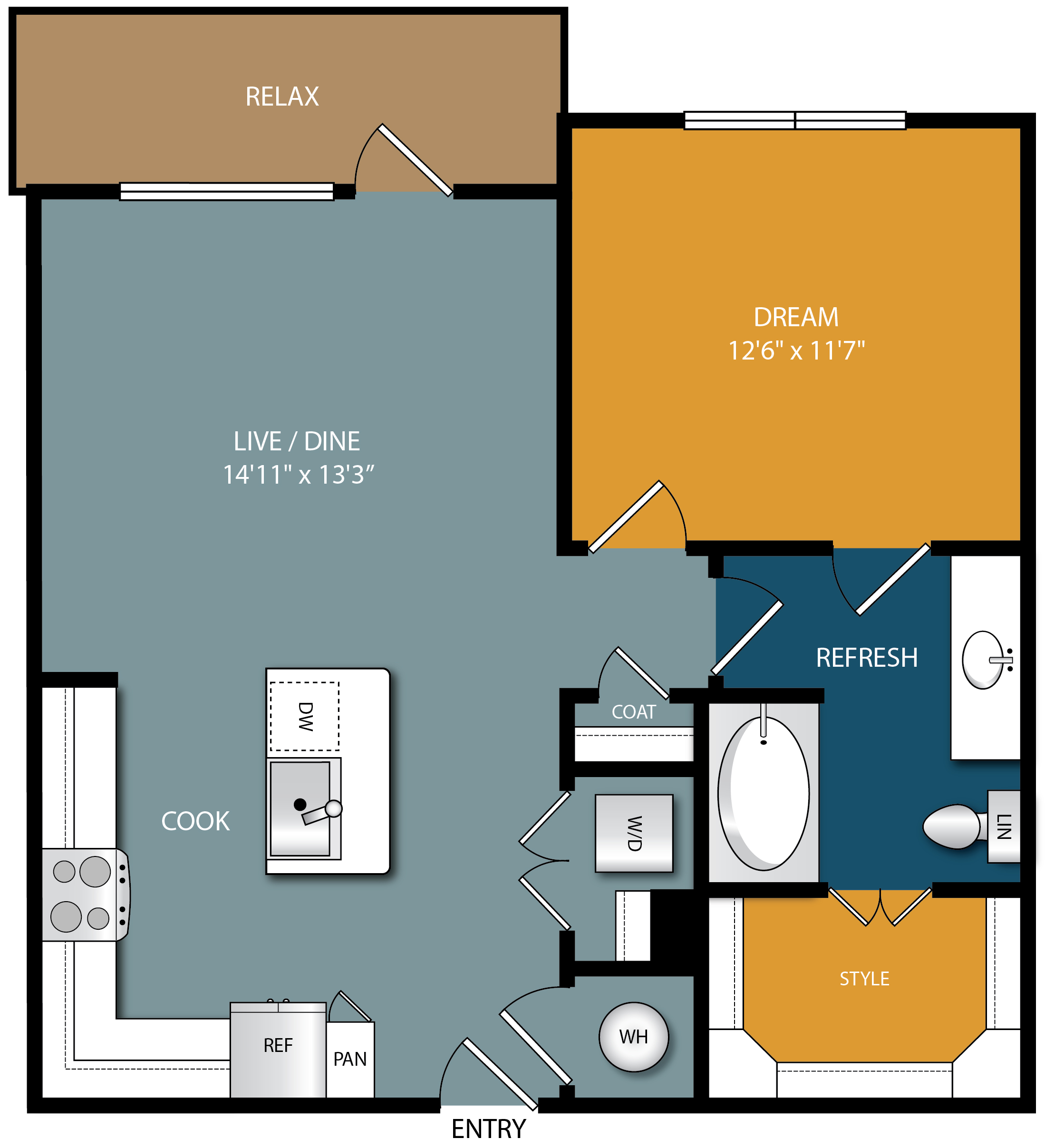 Floor plan for 1 bed, 1 bath, 768 sqft