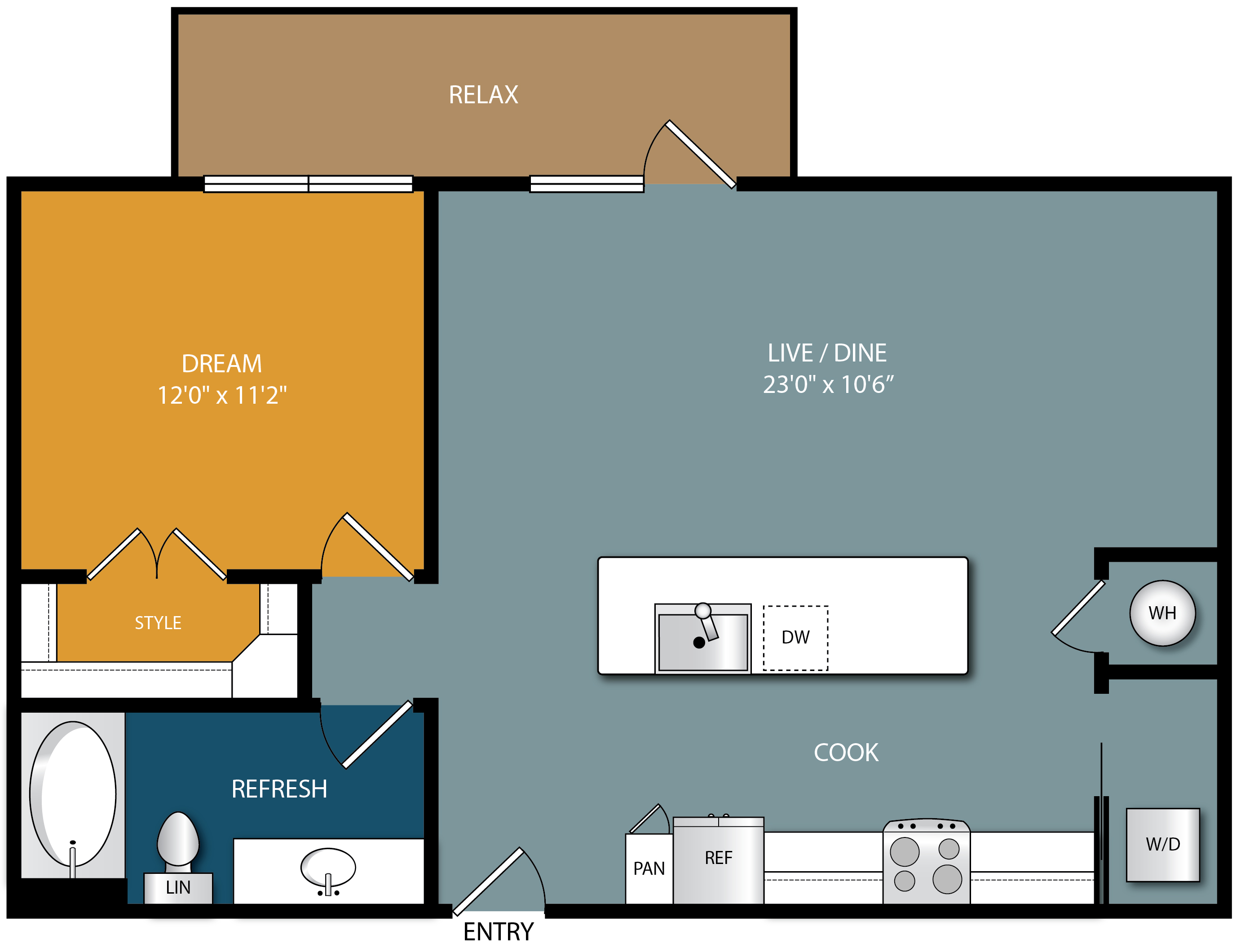 Floor plan for 1 bed, 1 bath, 801 sqft