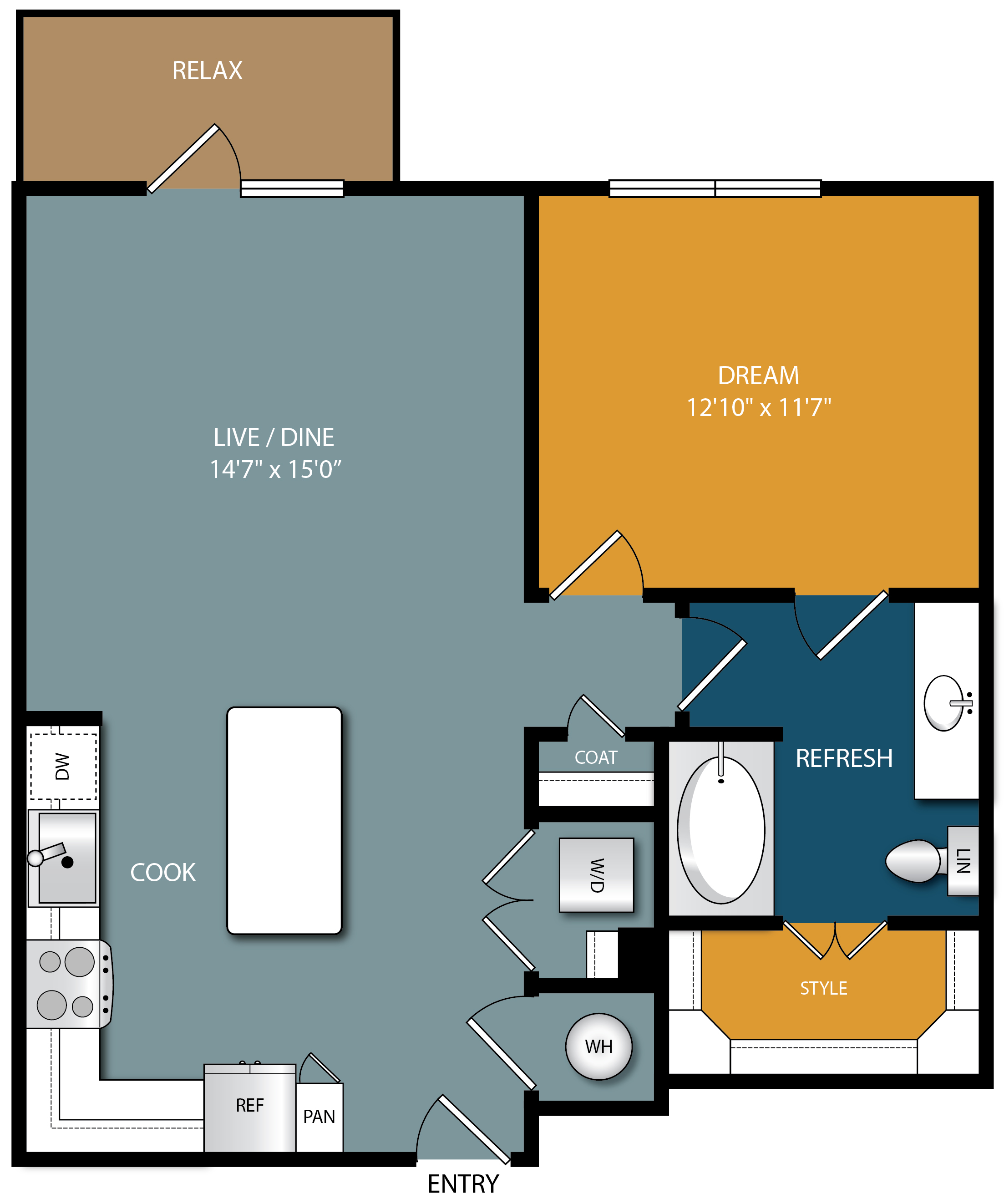 Floor plan for 1 bed, 1 bath, 812 sqft
