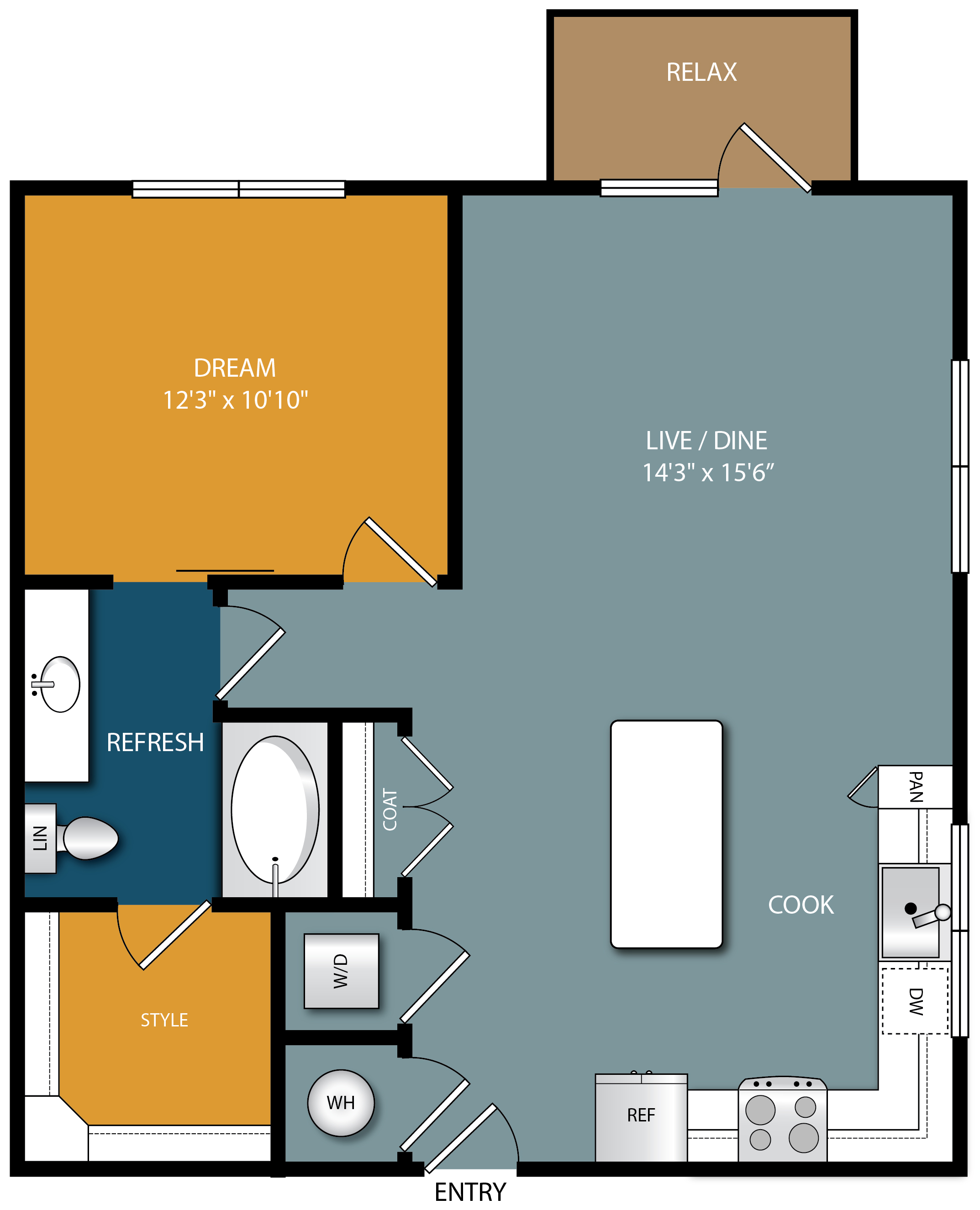 Floor plan for 1 bed, 1 bath, 812 sqft