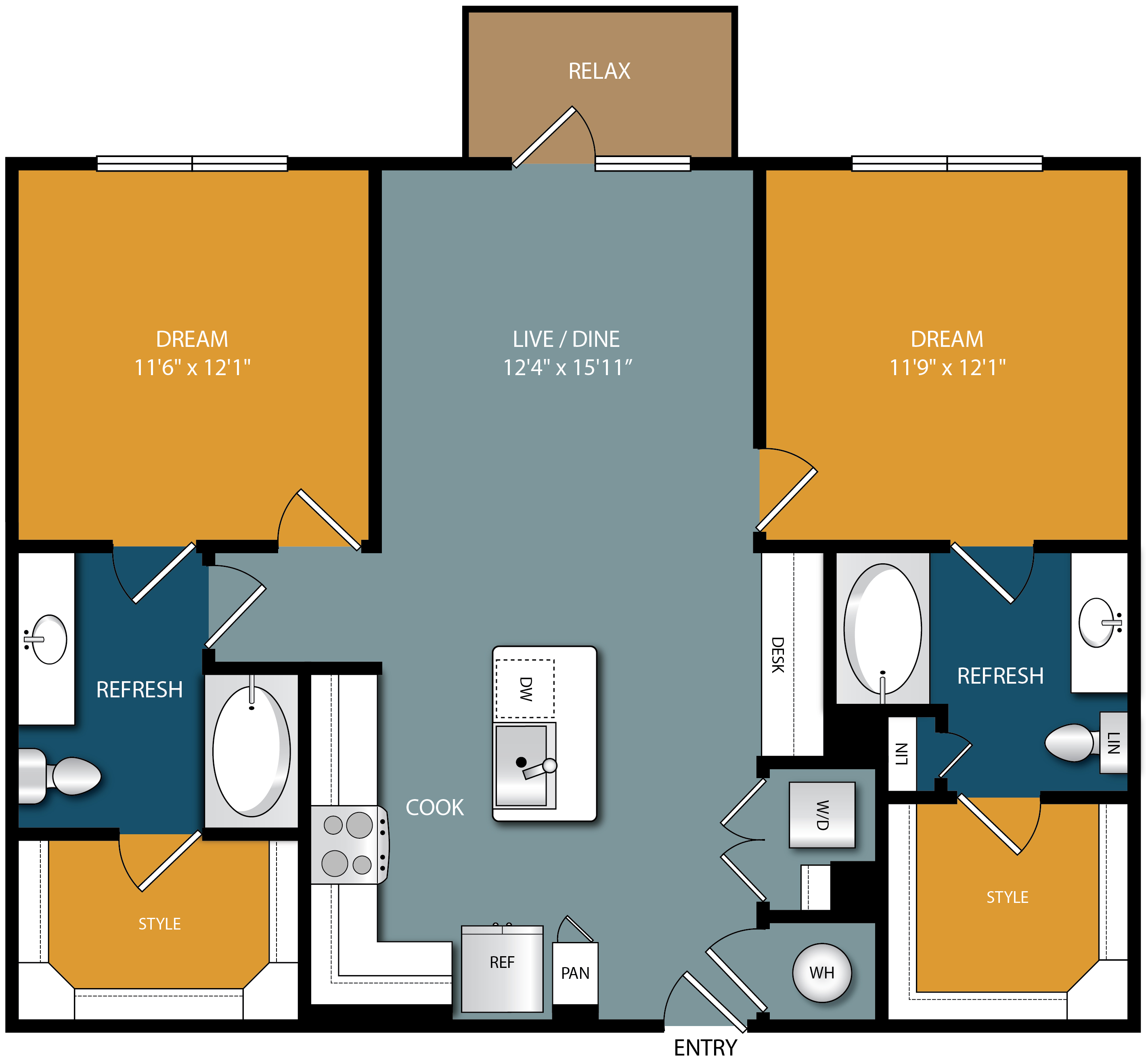 Floor plan for 2 beds, 2 baths, 1086 sqft
