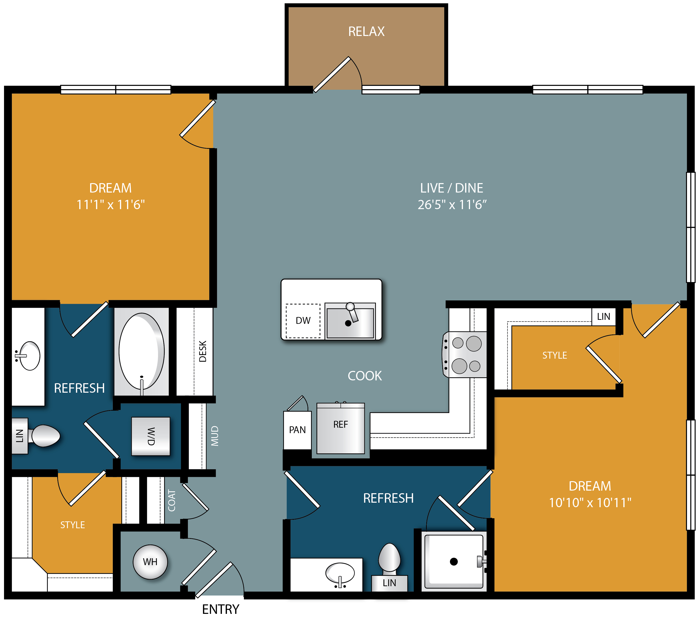 Floor plan for 2 beds, 2 baths, 1131 sqft