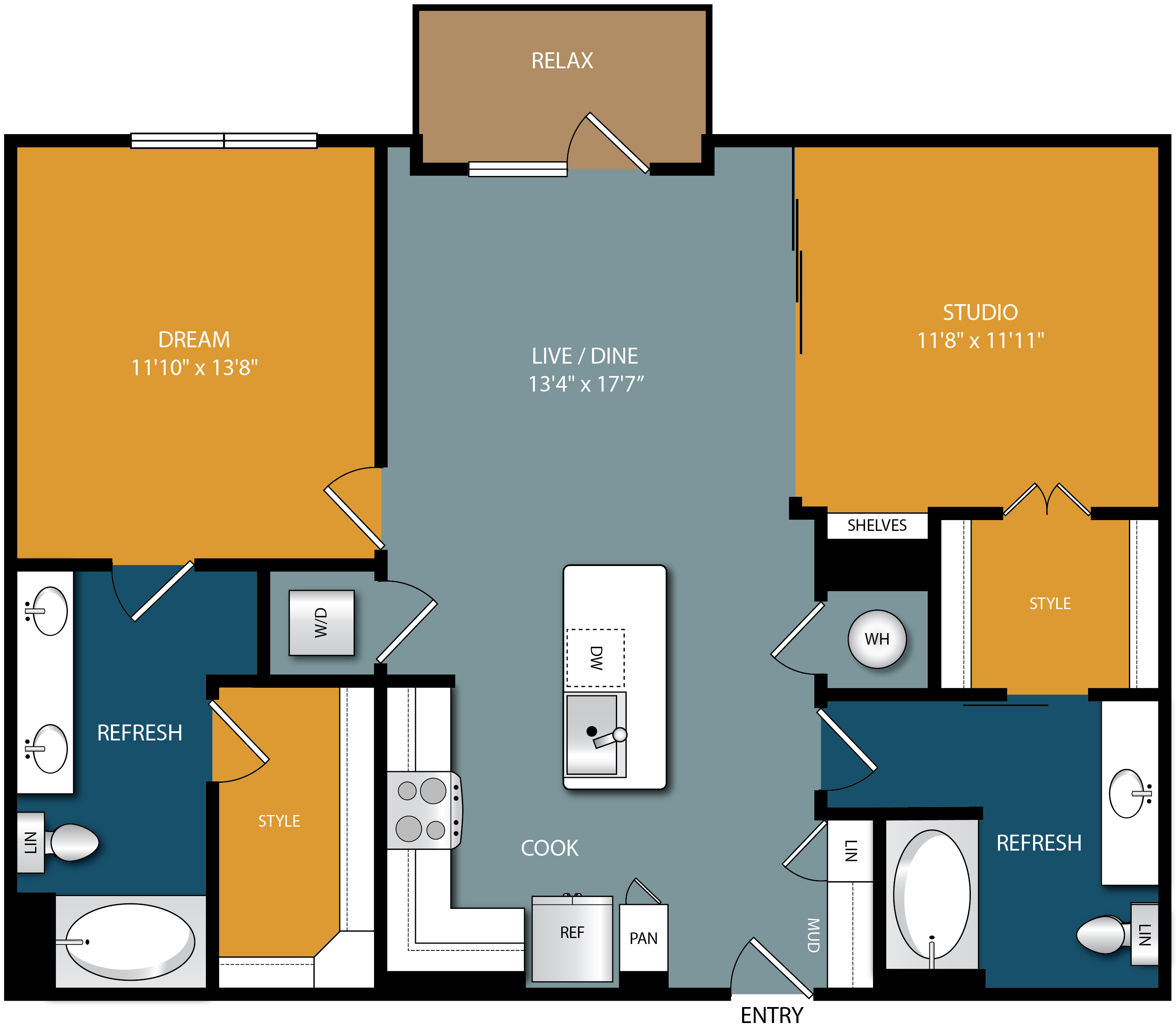 Floor plan for 2 beds, 2 baths, 1131 sqft