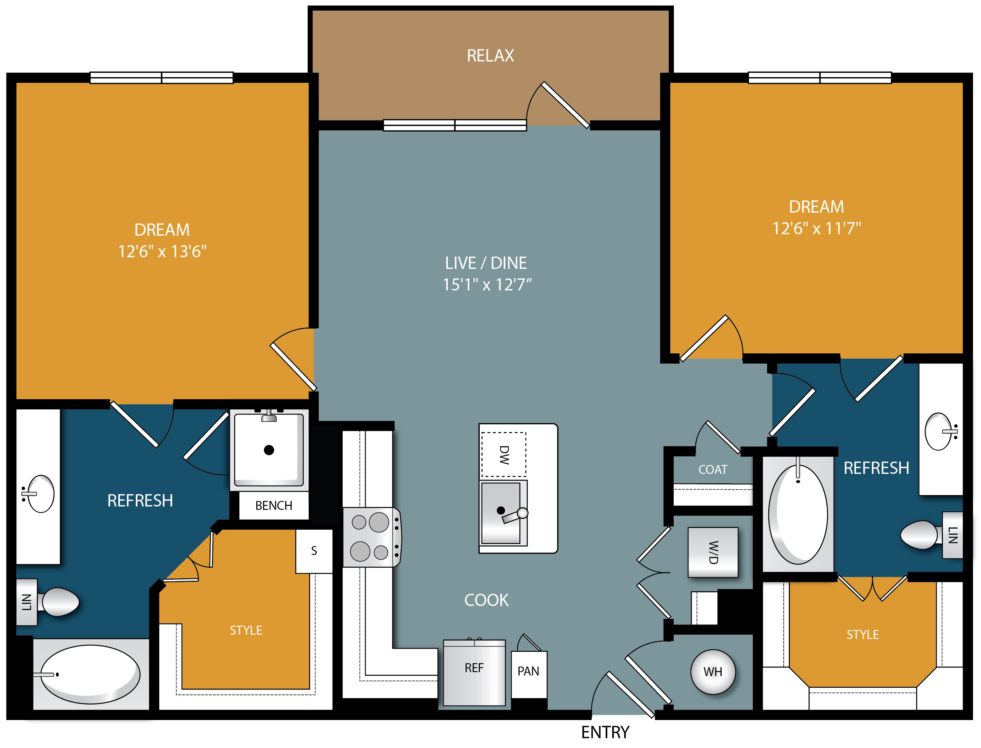 Floor plan for 2 beds, 2 baths