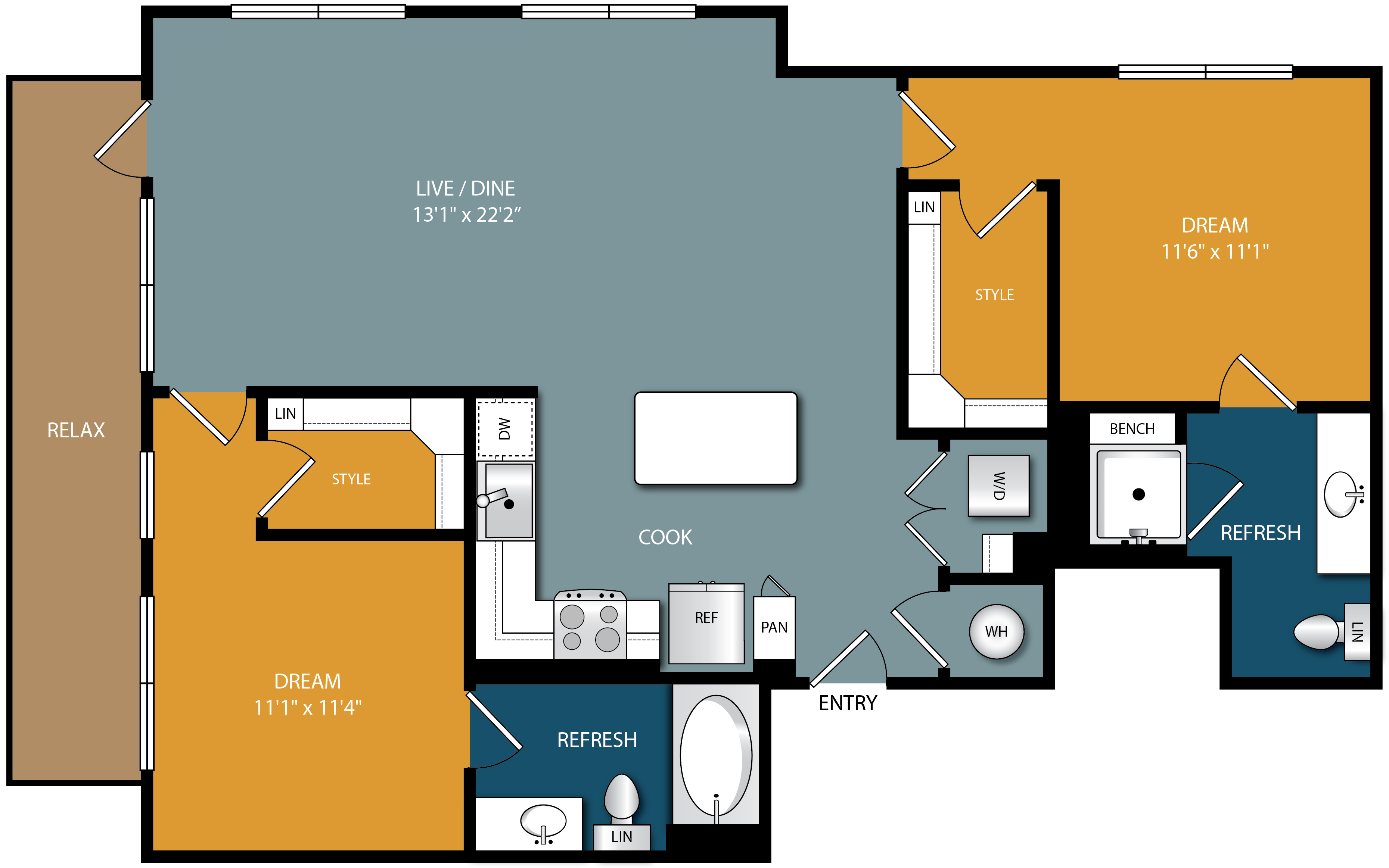 Floor plan for 2 beds, 2 baths, 1166 sqft
