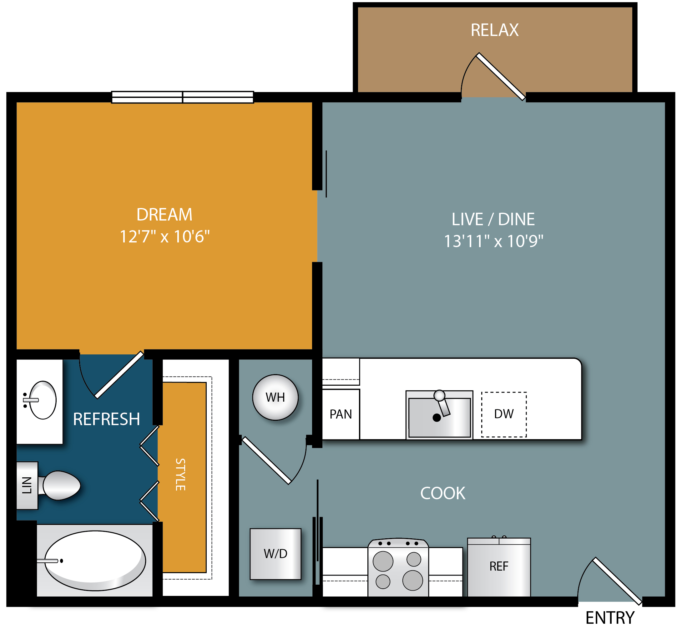 Floor plan for studio, 1 bath, 616 sqft