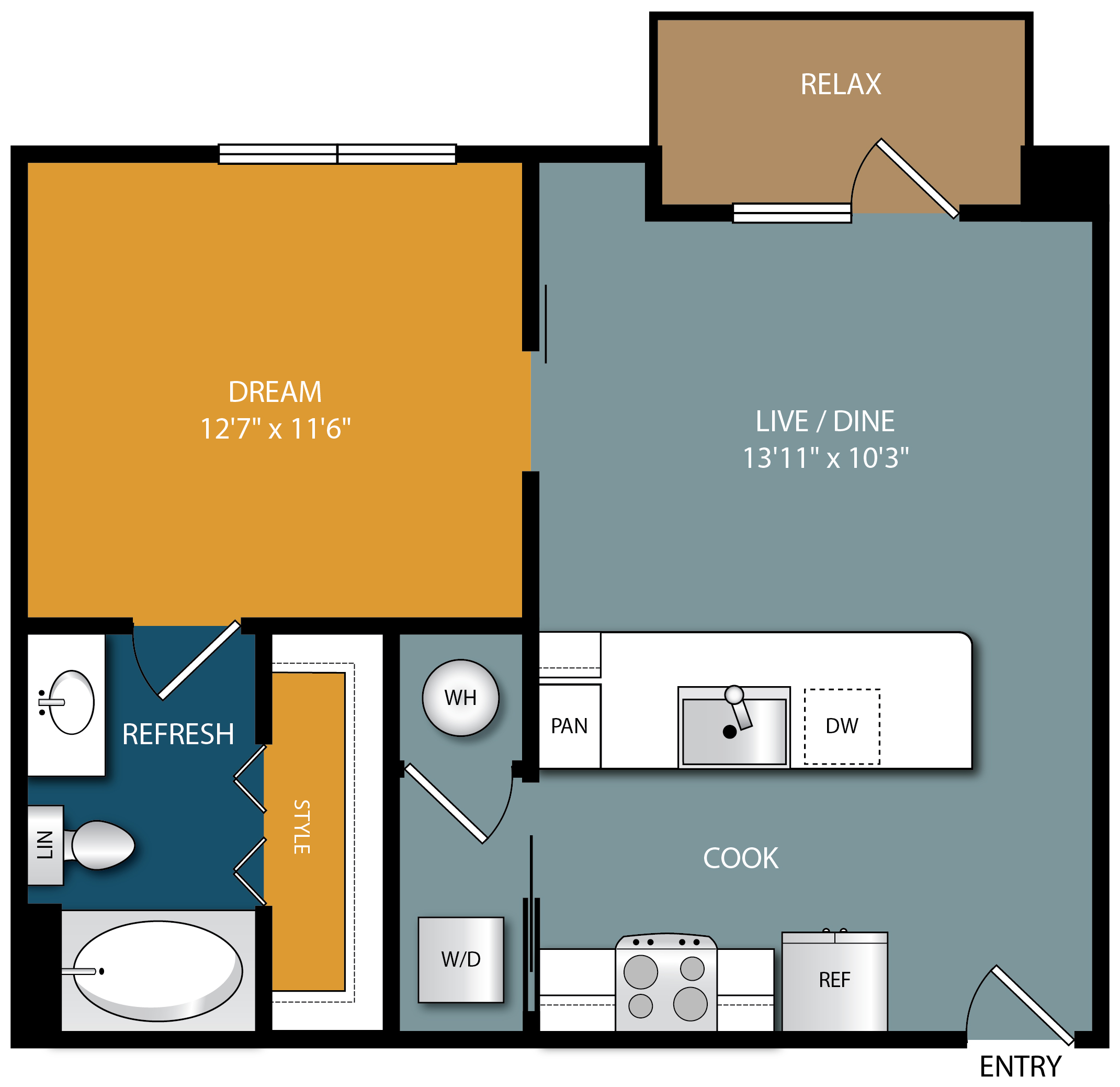 Floor plan for studio, 1 bath