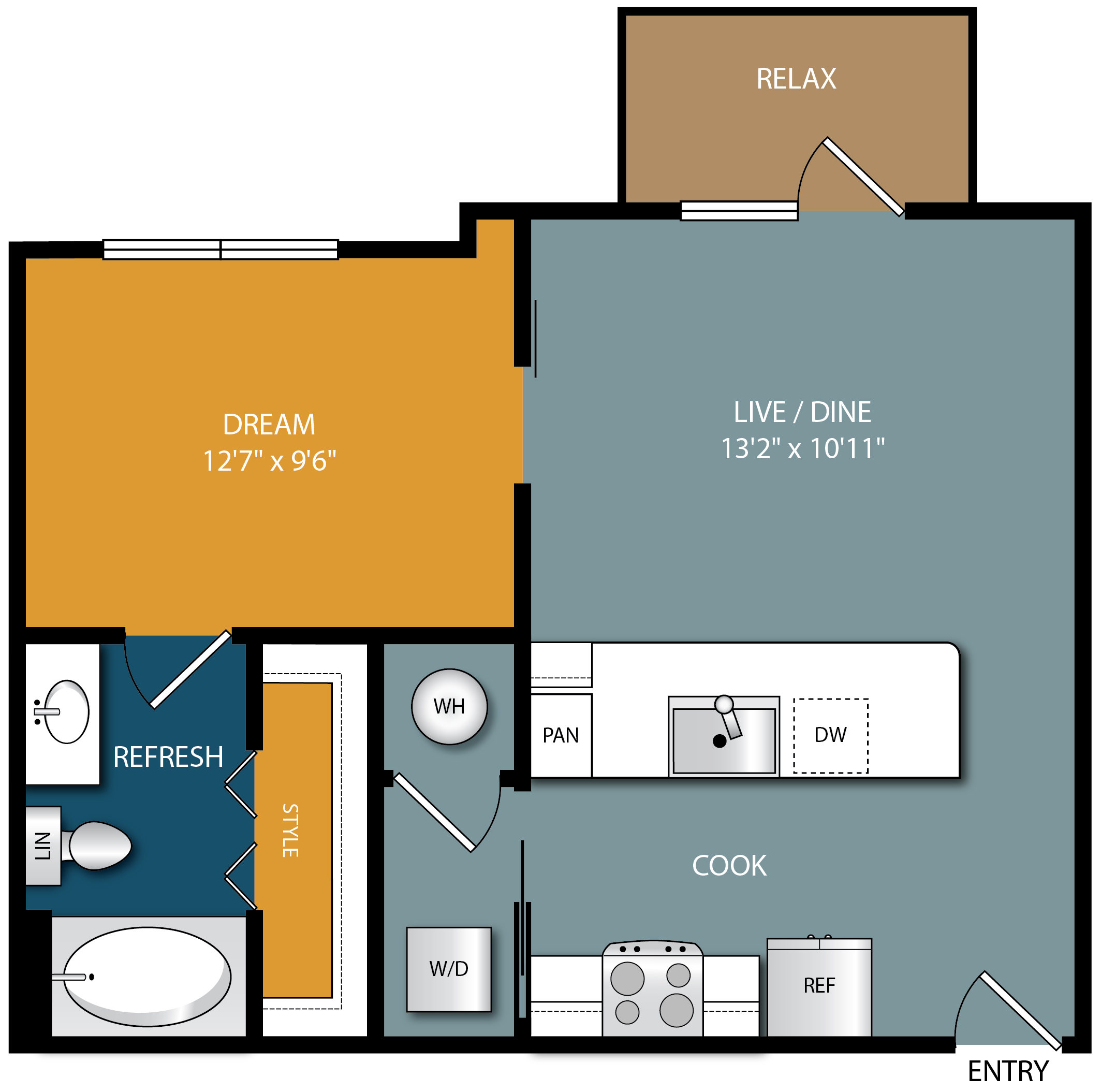 Floor plan for studio, 1 bath, 607 sqft