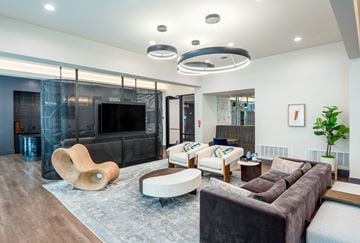 Irving apartment for rent - A modern living room with a brown sofa and a wooden chair.