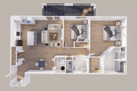 Floor plan for 2 beds, 2 baths, 1270 sqft