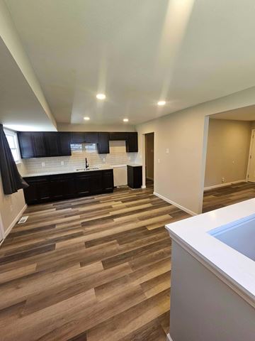 St Louis house for rent - A kitchen with a white counter top and wooden flooring.
