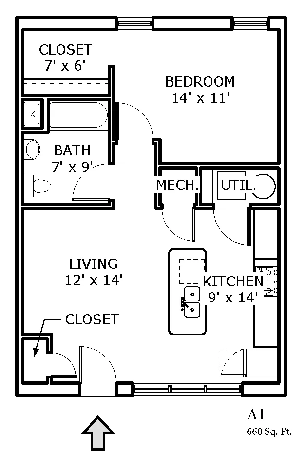 Floor plan for 1 bed, 1 bath, 660 sqft