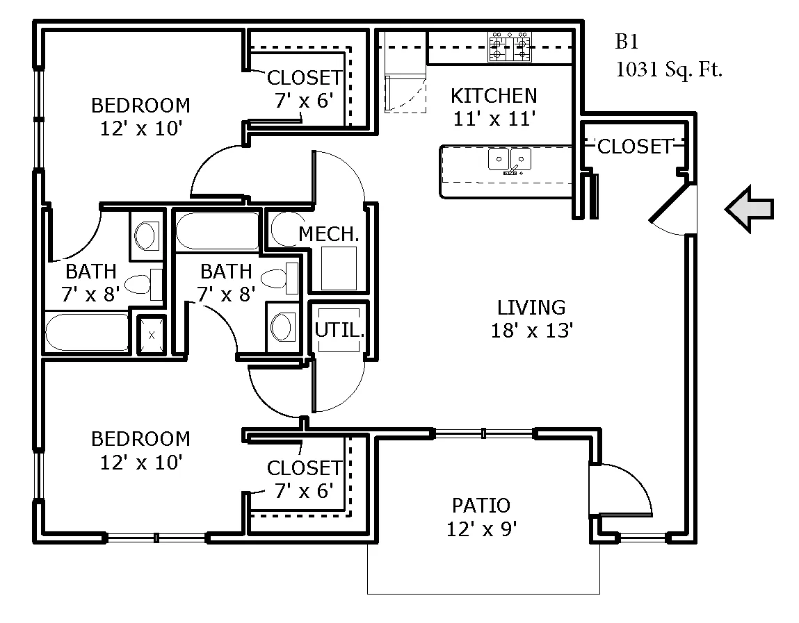 Floor plan for 2 beds, 2 baths, 1031 sqft
