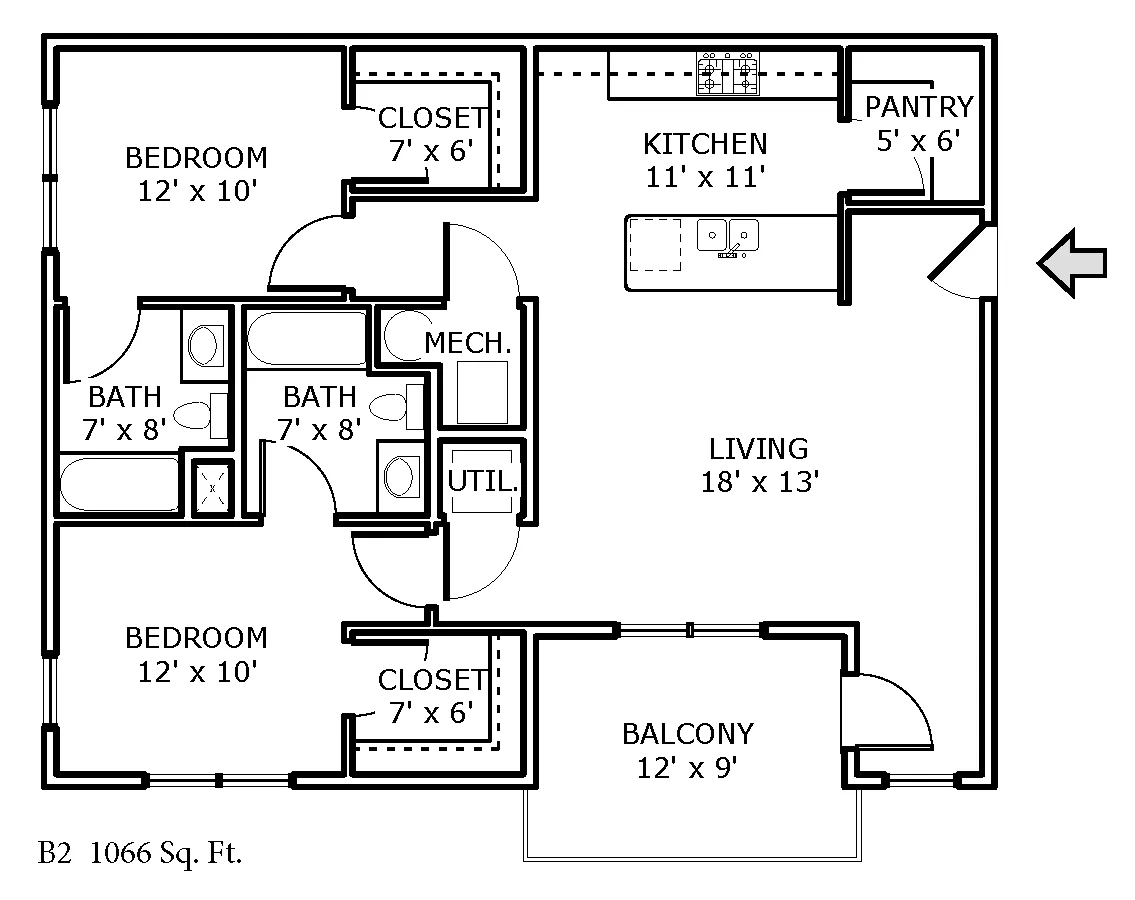 Floor plan for 2 beds, 2 baths, 1066 sqft