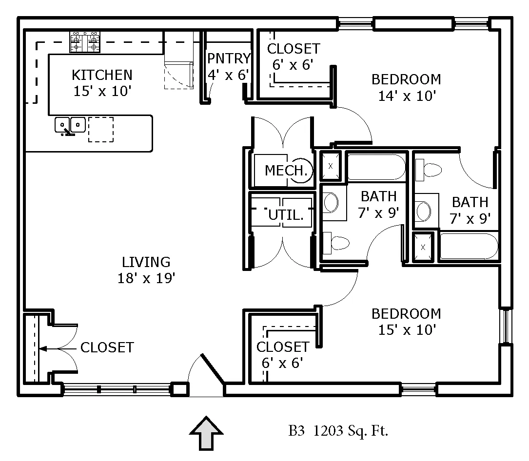 Floor plan for 2 beds, 2 baths, 1226 sqft