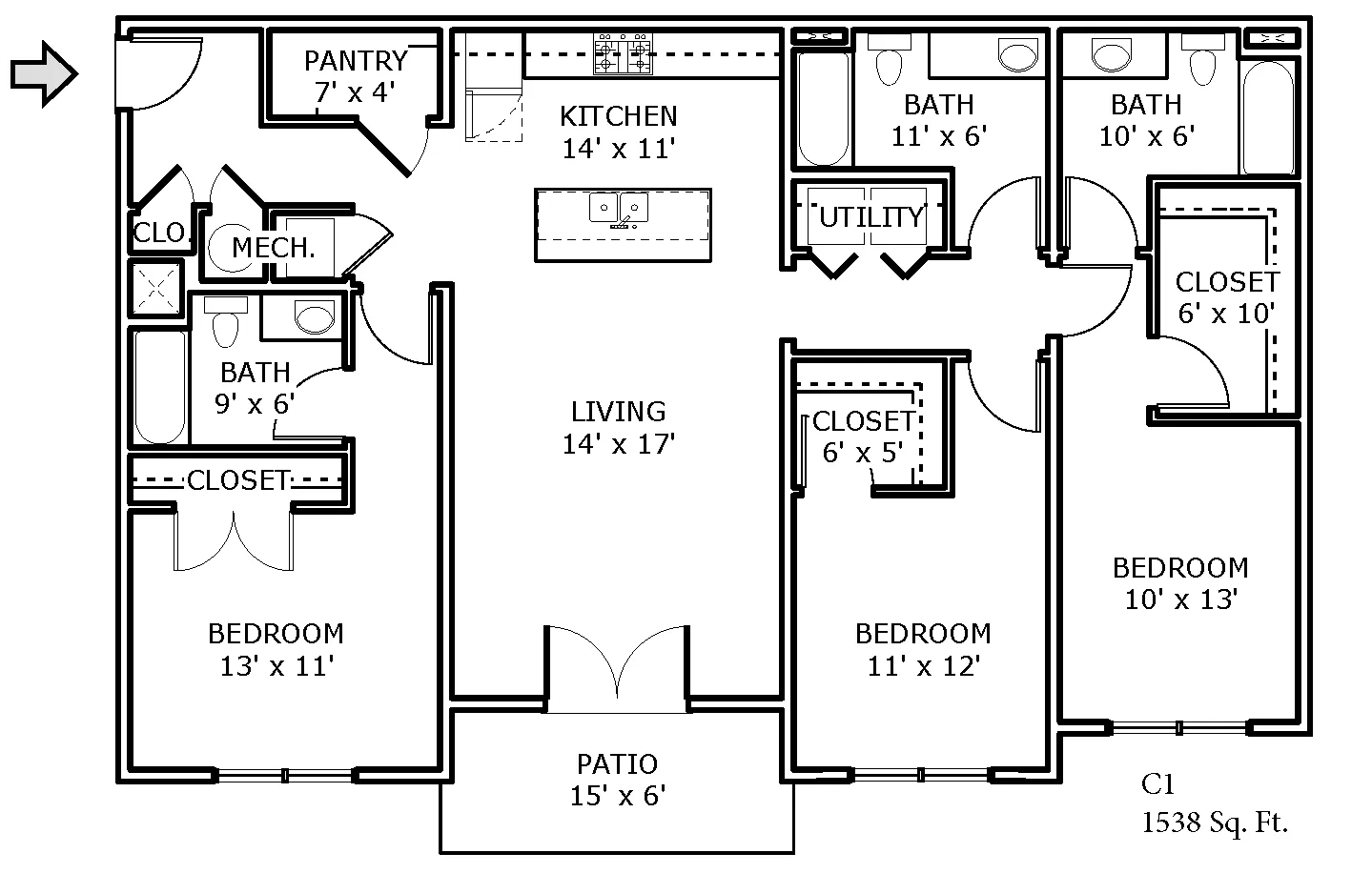 Floor plan for 3 beds, 3 baths, 1538 sqft