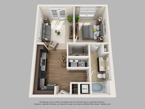 Floor plan for 1 bed, 1 bath, 723 sqft