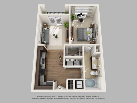 Floor plan for 1 bed, 1 bath, 639 sqft