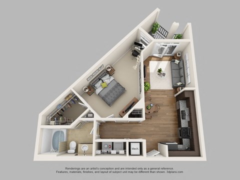 Floor plan for 1 bed, 1 bath, 704 sqft
