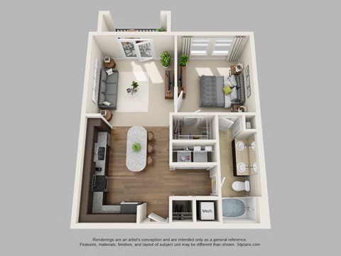 Floor plan for 1 bed, 1 bath, 742 sqft