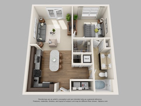 Floor plan for 1 bed, 1 bath, 725 sqft