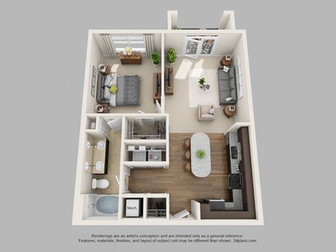 Floor plan for 1 bed, 1 bath, 777 sqft