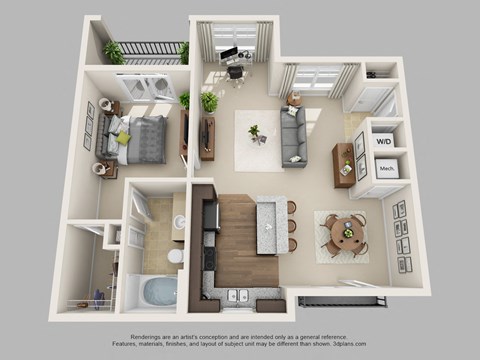 Floor plan for 1 bed, 1 bath, 861 sqft