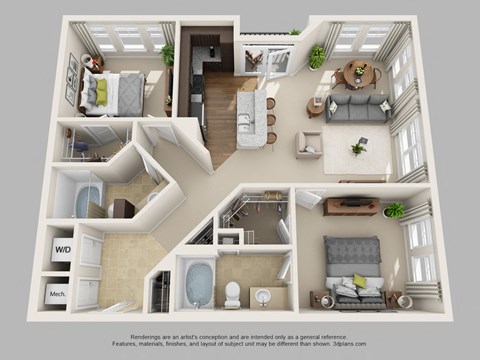 Floor plan for 2 beds, 2 baths, 1086 sqft